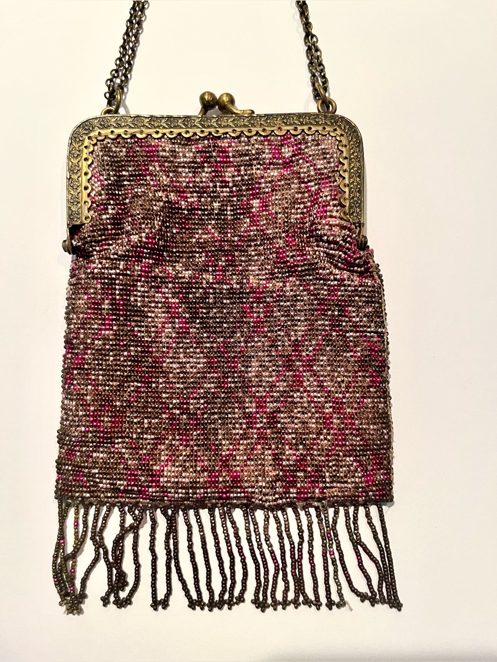 Antique beaded purselet. Rare plaid pattern. Double chain.